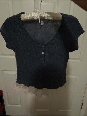 Full Tilt Navy Short Sleeve Crop Top with Lace Hem
